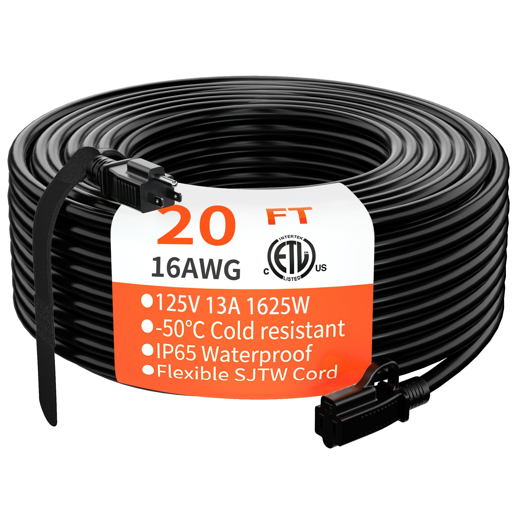 HUANCHAIN Indoor Outdoor Black Extension Cord 50 ft Waterproof, 16/3 Gauge Flexible Resistant Appliance Extension Cord Outside, 13A 1625W 16AWG SJTW, 3 Prong Heavy Duty Electric Cable, ETL Listed
